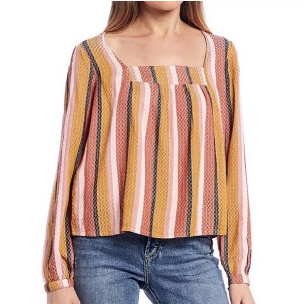 Roxy Women's Baja Striped Orange Red Square Neck Top Blouse Medium